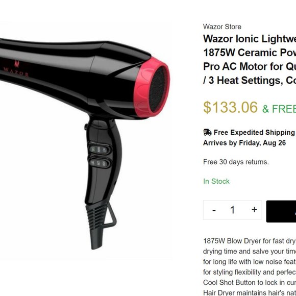 WAZOR Hair Dryer 1875W Ceramic Ionic Lightweight Powerful AC Low noise - Picture 8 of 8